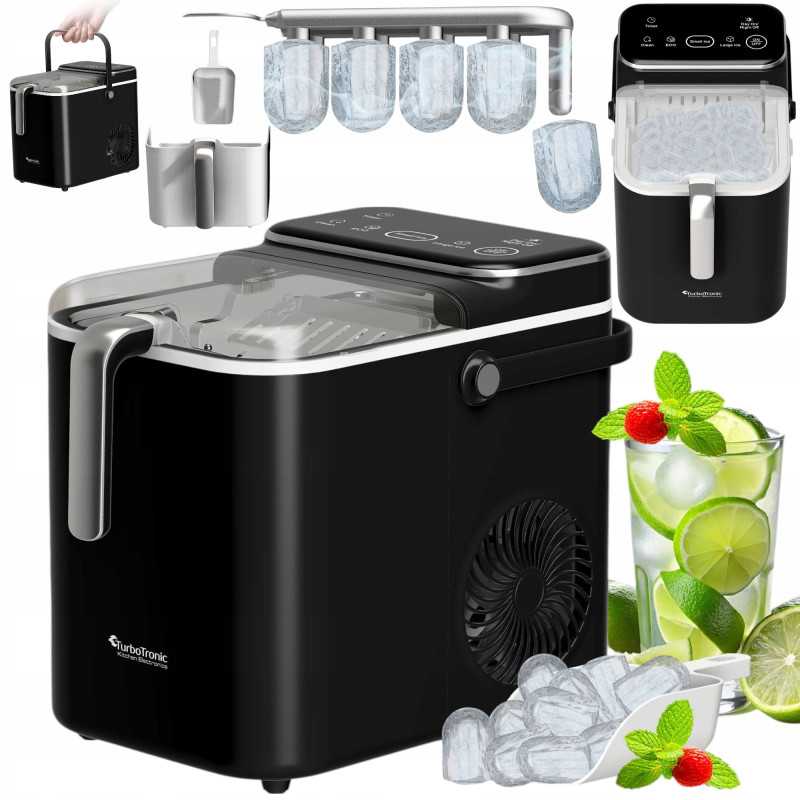 Kostkarka do lodu TurboTronic maszyna do kostek 12kg/24h 6-7min/cykl 1,5L 2 rozmiary ICE Frappe 110W Czarna TT-ICM2