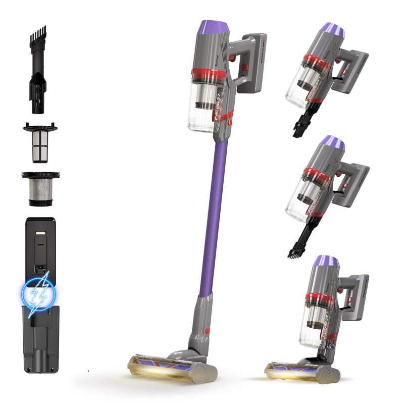 Ręczny odkurzacz pionowy TurboTronic Bezprzewodowy Akumulatorowy Cyklonowy LED HEPA bezworkowy 2 prędkości 21KPA 120W fioleto...