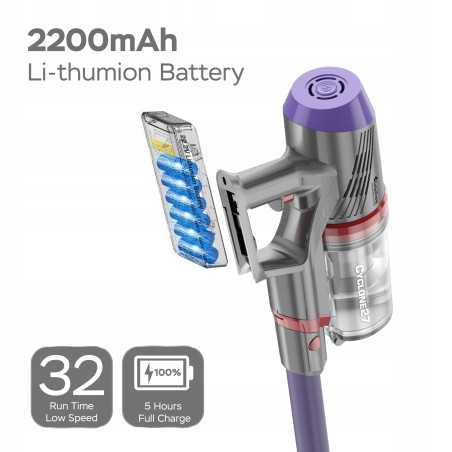 Ręczny odkurzacz pionowy TurboTronic Bezprzewodowy Akumulatorowy Cyklonowy LED HEPA bezworkowy 2 prędkości 21KPA 120W fioleto...