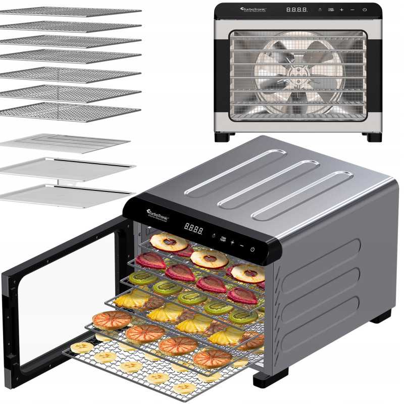 Suszarka spożywcza Pro TurboTronic do grzybów dehydrator temp. 35°c-75°c 7 poziomów timer nierdzewka 675W Srebrna TT-FD55