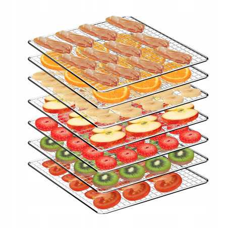 Suszarka spożywcza Pro TurboTronic do grzybów dehydrator temp. 35°c-75°c 7 poziomów timer nierdzewka 675W Srebrna TT-FD55