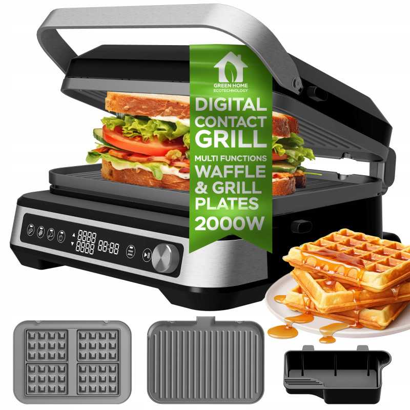 Elektryczny Grill gofrownica TurboTronic 230°c składany opiekacz toster panini 2000w Czarno Srebrny TT-CG1W