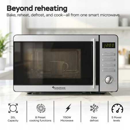 Kuchenka mikrofalowa TurboTronic cyfrowa 8 programów 20L 700W-1150W Obrotowy szklany talerz stal nierdzewna Srebrna TT-MW20 S...