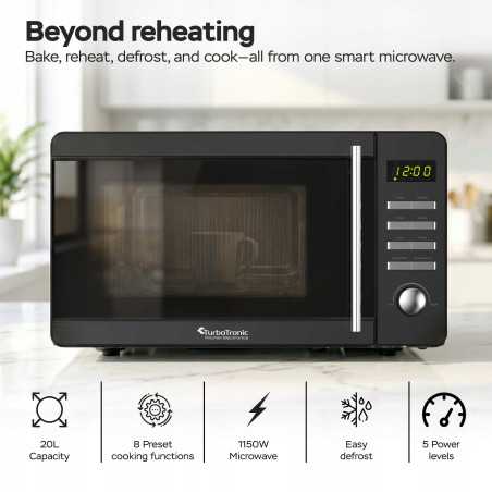 Kuchenka mikrofalowa TurboTronic cyfrowa 8 programów 20L 700W-1150W Obrotowy szklany talerz stal nierdzewna Czarny TT-MW20 BLACK
