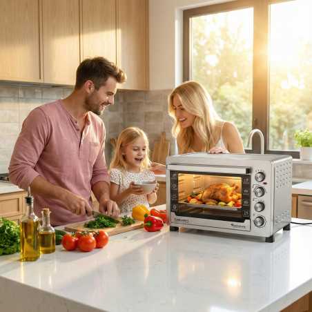 Duży piekarnik elektryczny TurboTronic termoobieg rożno grill timer 60L 2500w Srebrny TT-EVS60 SILVER