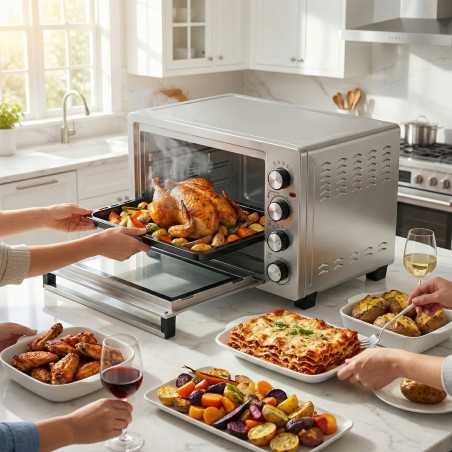 Duży piekarnik elektryczny TurboTronic termoobieg rożno grill timer 60L 2500w Srebrny TT-EVS60 SILVER