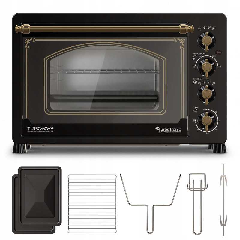 Piekarnik elektryczny Retro styl TurboTronic 45L termoobieg rożen grill podwójna szyba 2000W Czarny TT-R45 BLACK