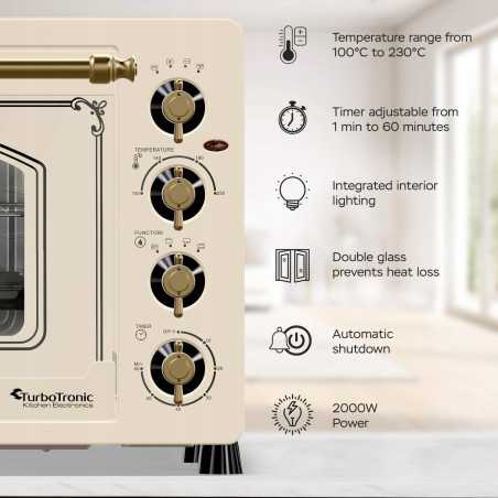 Piekarnik elektryczny Retro styl TurboTronic 45L termoobieg rożen grill podwójna szyba 2000W Beżowy TT-R45 BEIGE
