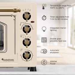 Piekarnik elektryczny Retro styl TurboTronic 45L termoobieg rożen grill podwójna szyba 2000W Beżowy TT-R45 BEIGE