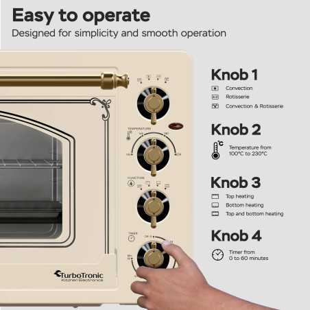 Piekarnik elektryczny Retro styl TurboTronic 45L termoobieg rożen grill podwójna szyba 2000W Beżowy TT-R45 BEIGE