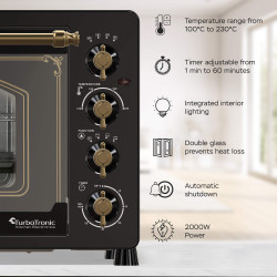 Piekarnik elektryczny Retro styl TurboTronic 45L termoobieg rożen grill podwójna szyba 2000W Czarny TT-R45 BLACK