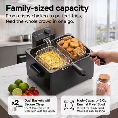 Frytownica olejowa frytkownica TurboTronic 2 kosze regulacja temperatury do 190° 5L 2200W Czarna TT-DF3 BLACK