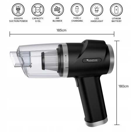 Outlet Odkurzacz ręczny samochodowy TurboTronic 2w1 dmuchawa do auta domu LED 5kpa gniazdo USB C Srebrny